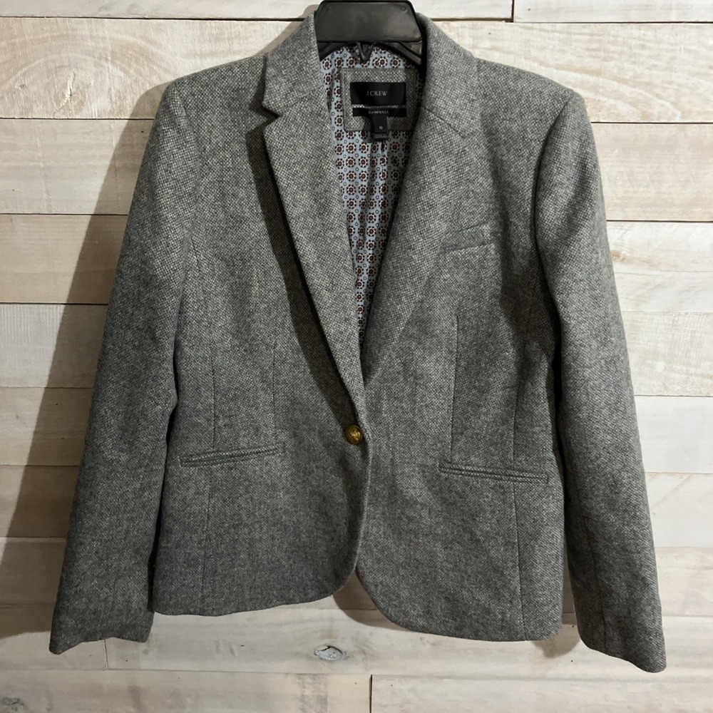 J.Crew Blazer Womens 10 Gray Herringbone Wool Campbell Gold Button Lined Jacket
